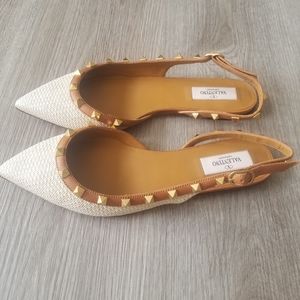 Valentino Garavani Rockstud Basket-Weave Slingback Flats 37.5 Natural